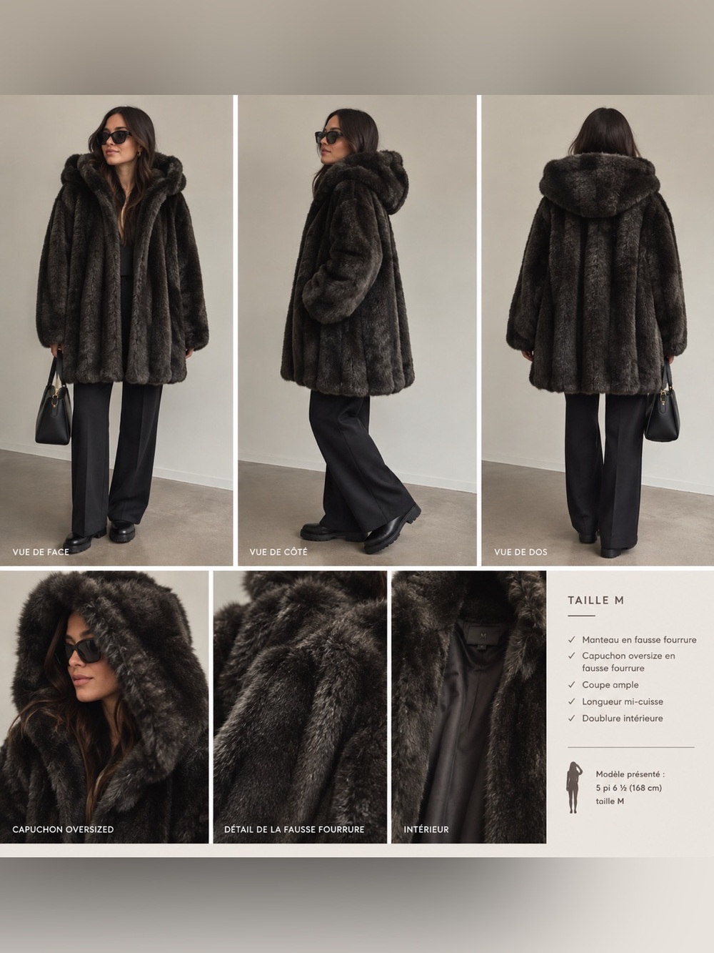 Oversized Faux Fur Hooded Coat - Dark Brown